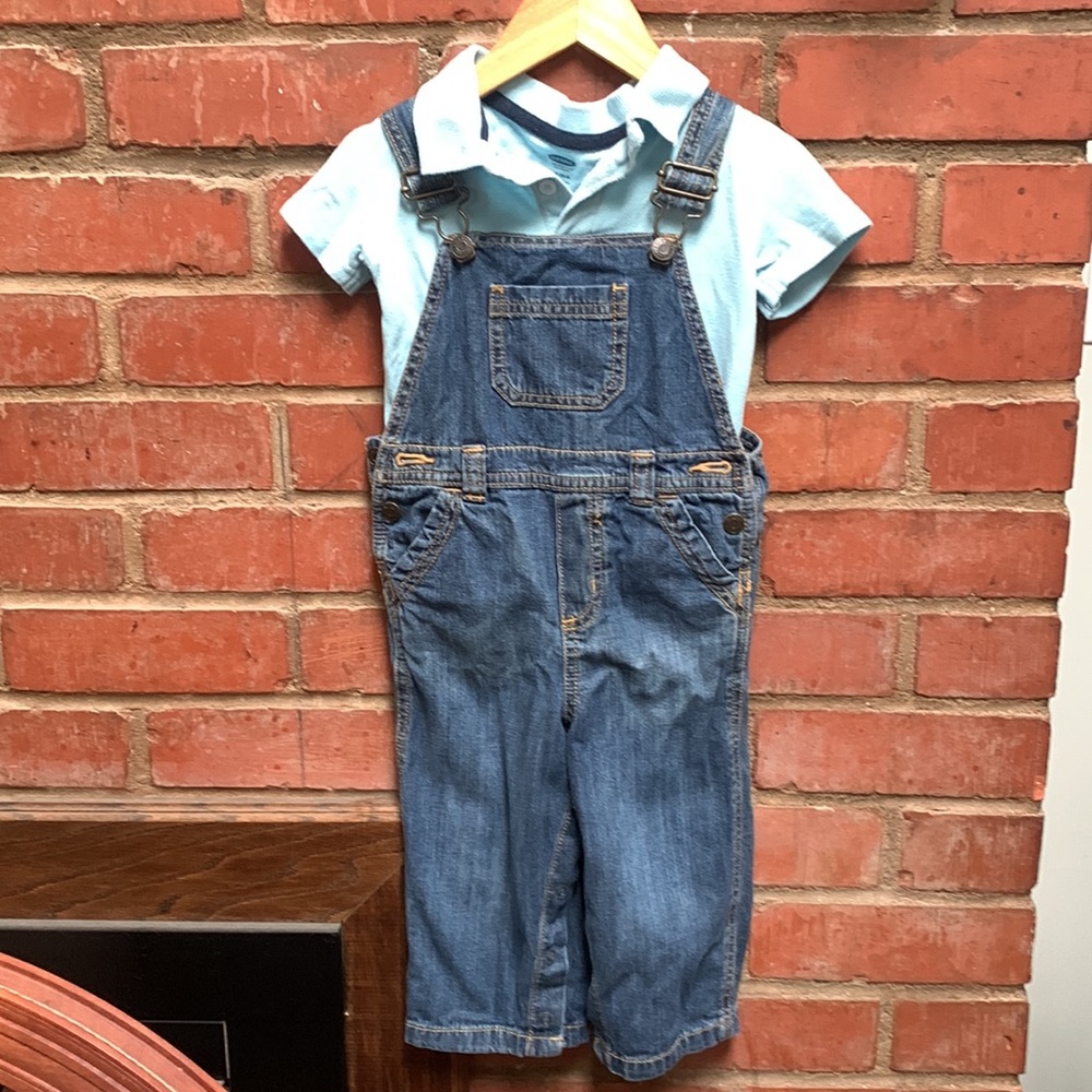Old Navy overalls and collared polo outfit